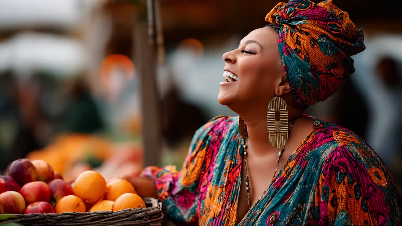 A Joyful Woman Interacting with Fresh Fruits at an Open Market, Exuding Happiness and Radiating Vibrant Energy, Capturing a Moment of Connection with Nature's Bounty