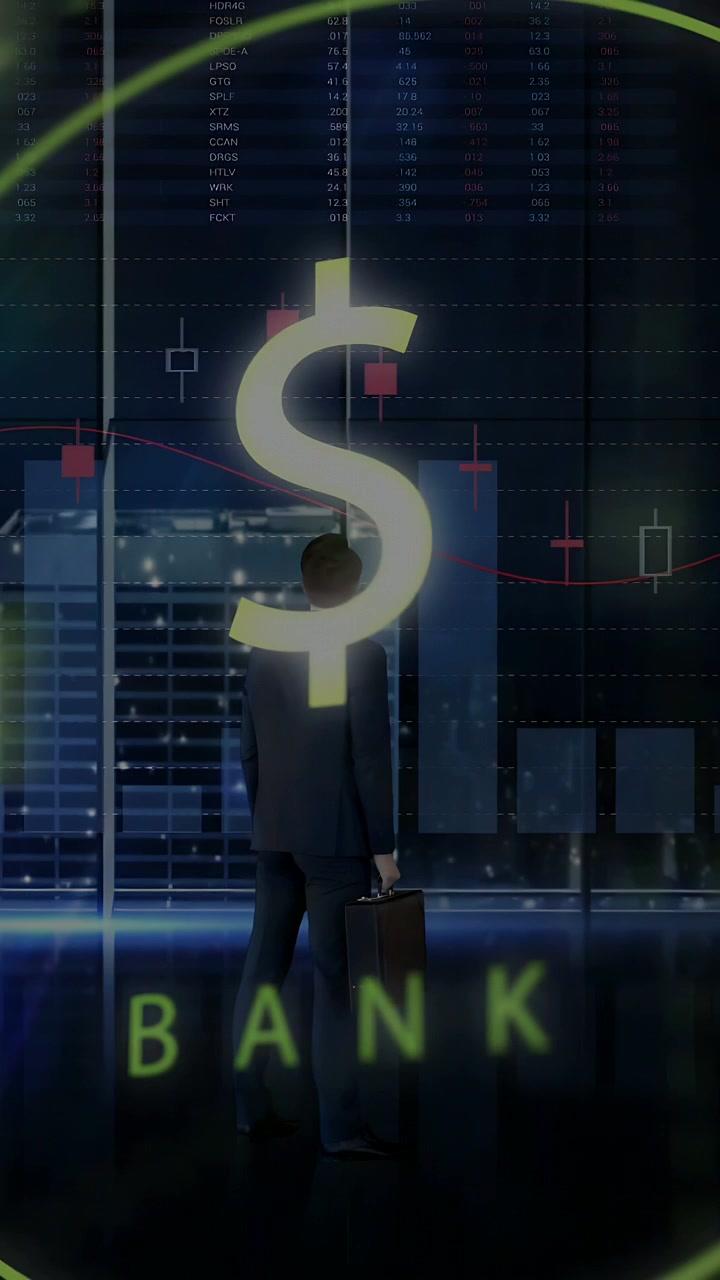 Vertikales Video: Banker erscheint bei einem gläsernen Dollarzeichen und umrahmt ihn mit Finanzcharts für die Märkte.