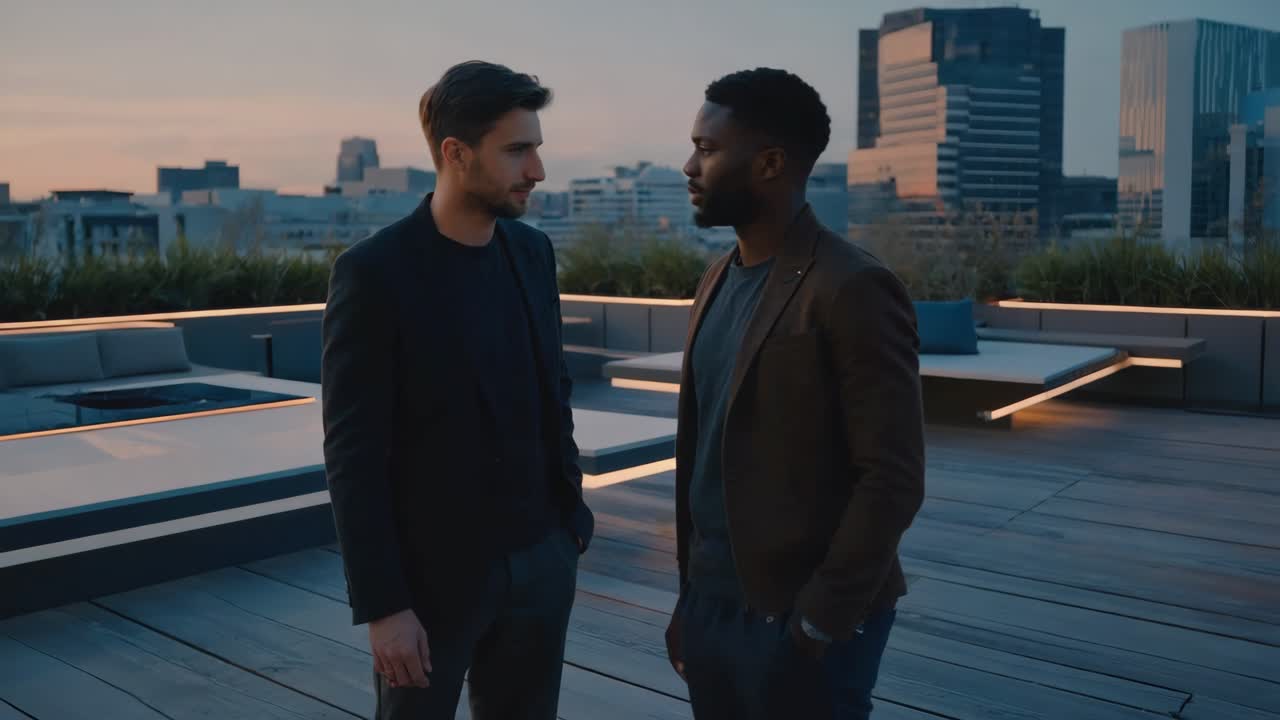 Two businessmen discussing strategy on a rooftop
