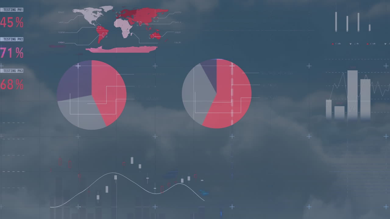 Animation of statistical data processing against clouds in the sky