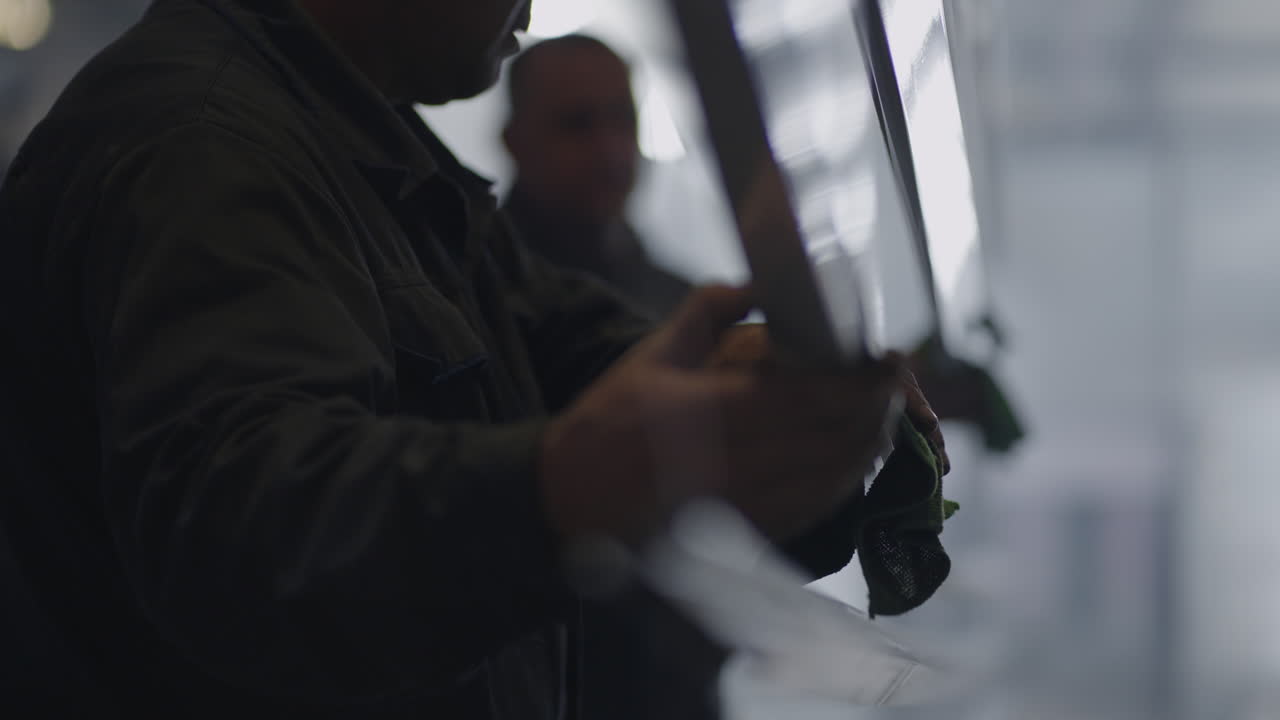 небольшое предприятие по покраске. мужчины готовят и полируют детали для покраски. шлифование деталей в производстве