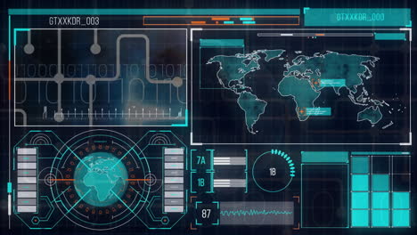 Animation-of-world-map,-globe-and-charts-processing-data-on-interface-screen