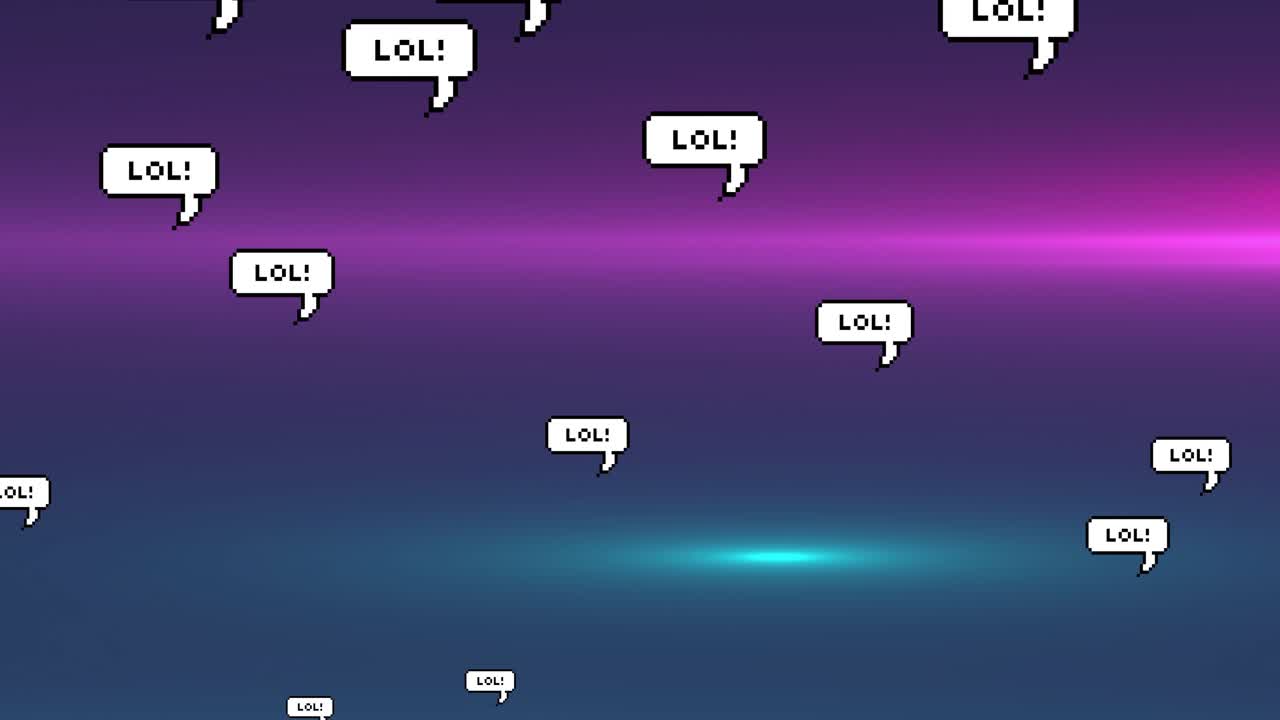 Abstrakt neonfarvet gradientbaggrund, der animeres med horisontale striber og et pixel-art LOL-ikon.