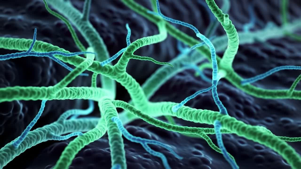 Close-Up View of Intricate Cellular Structures: Examining the Complex Interconnections of Fine Filaments in a Microscopic Environment