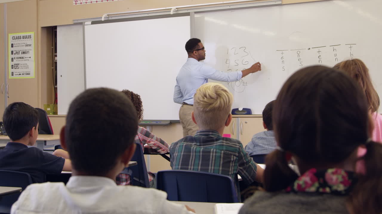 maestro usando pizarra blanca con la clase, vista de atrás, filmado en r3d