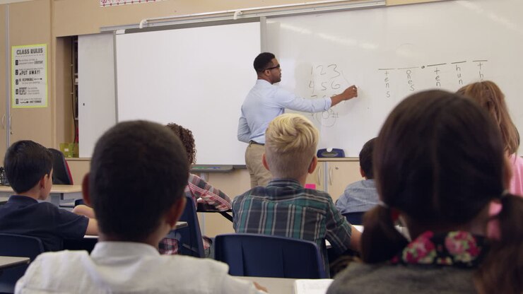 Teacher using whiteboard with class, back view, shot on R3D