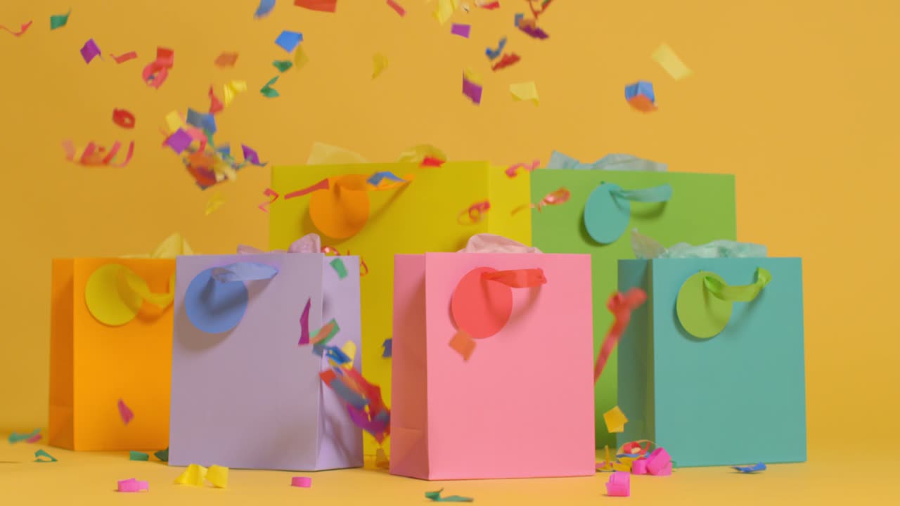 파이퍼 콘티가 떨어지는 노란색 배경에 화려한 생일 파티 선물 가방의 스튜디오  1