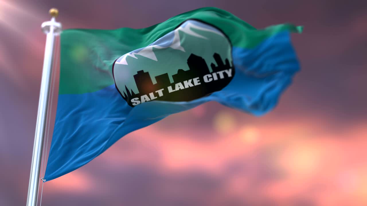 bandera de salt lake al atardecer, ciudad de utah en los estados unidos de américa - bucle