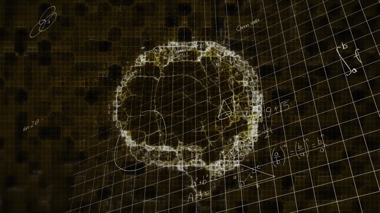 animación de ecuaciones matemáticas sobre un modelo digital del cerebro humano sobre un fondo negro