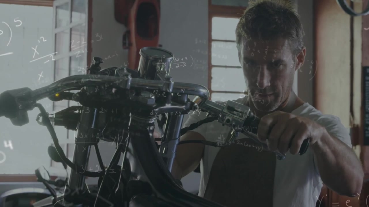 Mechanic Repairing Motorcycle in Workshop with Mathematical Formulas Overlay