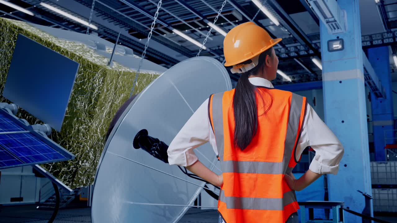 ingeniero observando la antena parabólica y los paneles solares en una fábrica