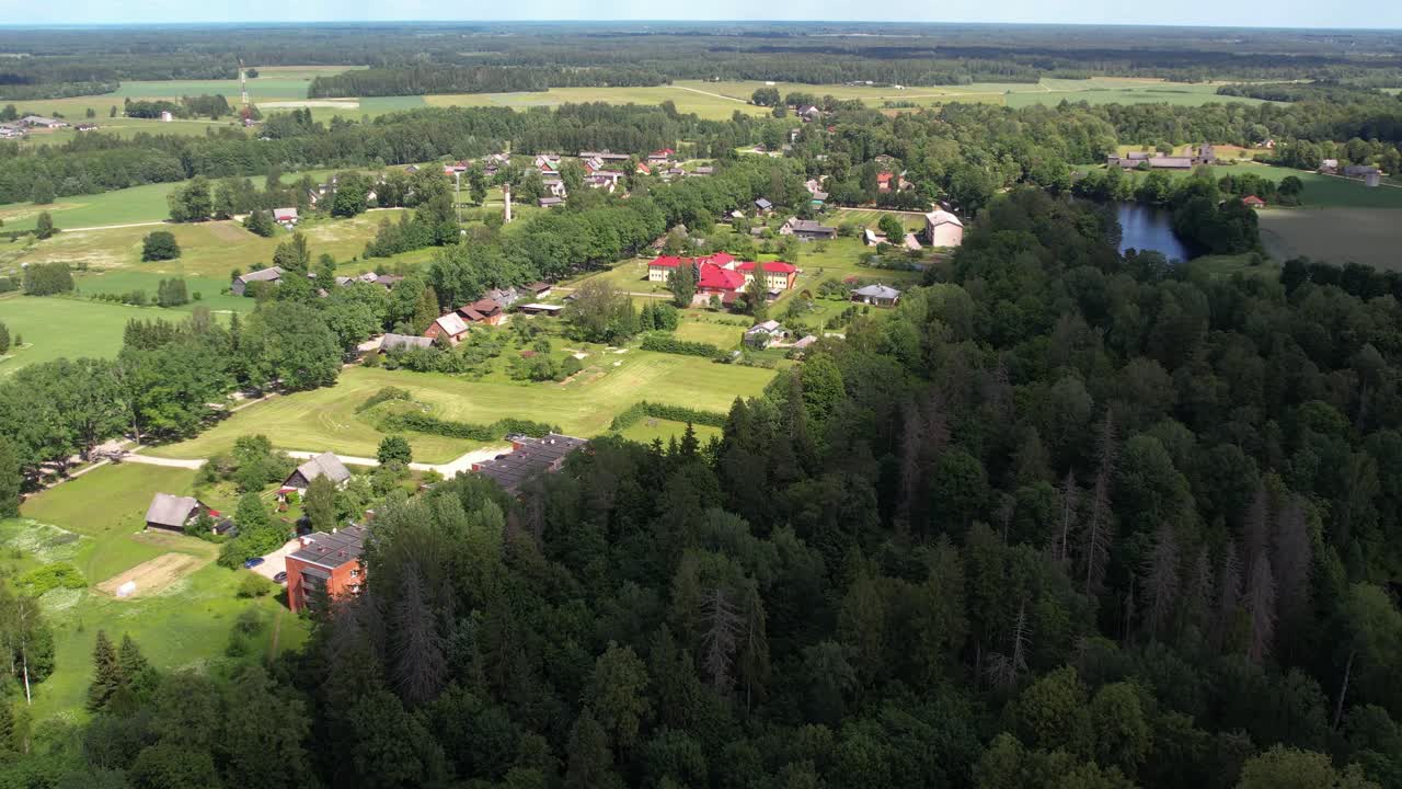 Aerial view of Diklu Stage in Dikli village, showcasing the open-air performance venue surrounded by lush greenery and nearby buildings