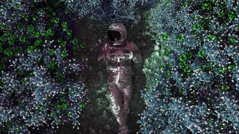 astronaut resting in a flower-filled alien landscape