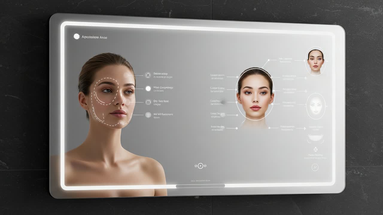 High-Tech Beauty Mirror with Smart Display Features Analyzing Skin Condition and Providing Personalized Skincare Recommendations in a Modern Bathroom Setting