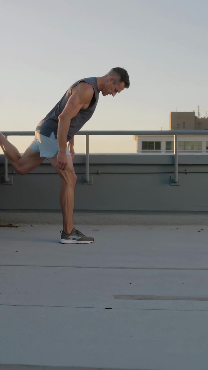 Video verticale: Uomo in canottiera sul tetto, appoggia il piede destro sulla ringhiera e si piega per allungare il tendine del ginocchio.