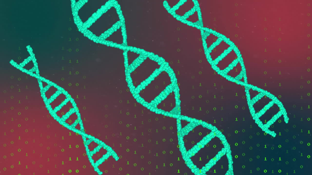 DNA strands with binary coding, processing scientific data in animation