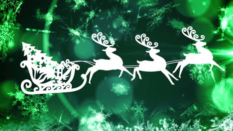 animation of reindeers with christmas tree over snow falling
