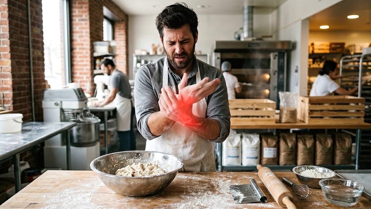 Piekarz pocierający bolący nadgarstek podczas mieszania ciasta na blacie kuchennym, w realistycznej scenie medycznej.