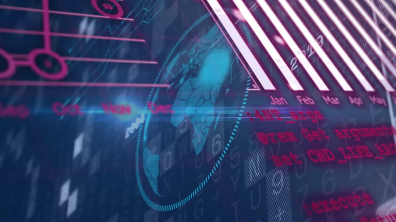 Digital globe and binary code with financial data processing animation
