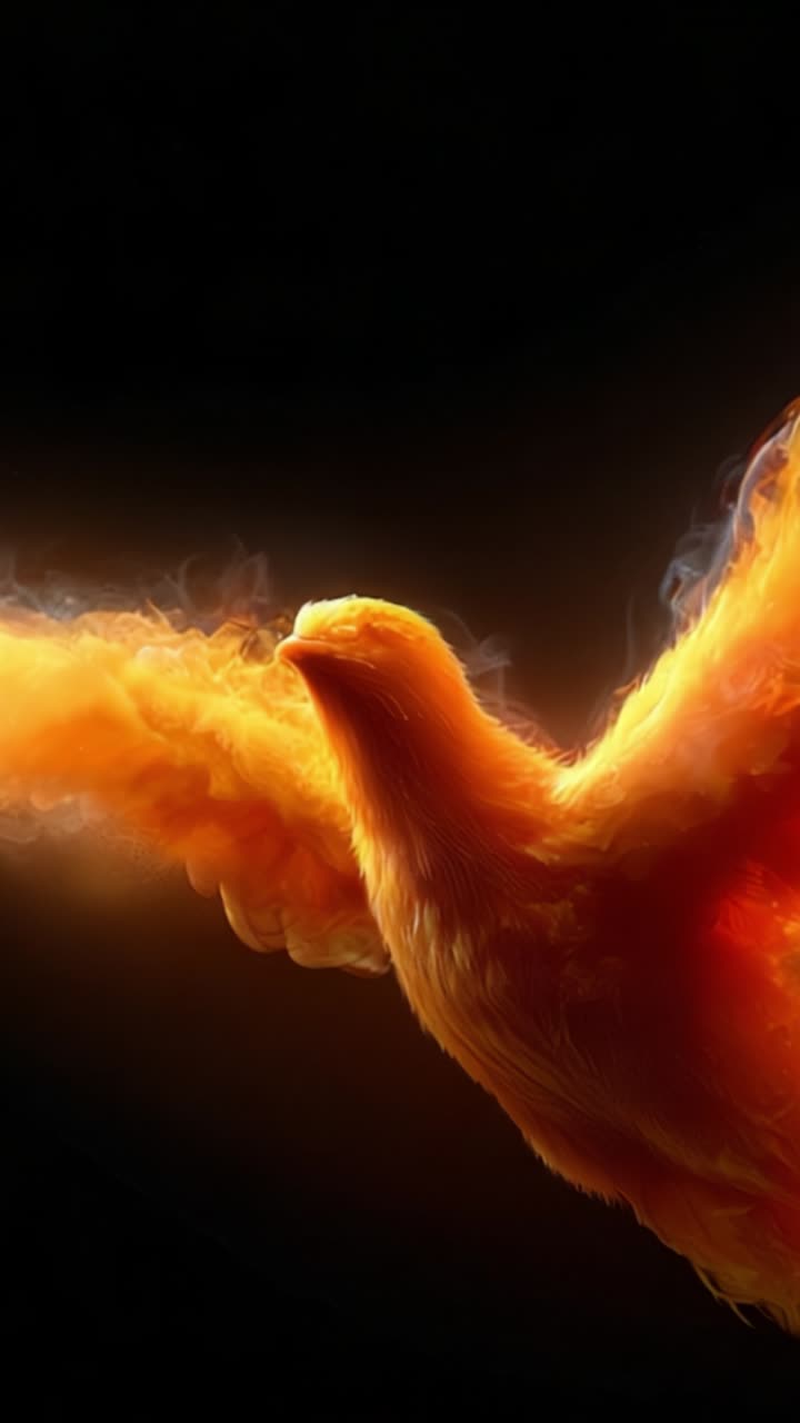 A mesmerizing phoenix soaring through the dark sky, wings ablaze with fiery shades of orange and red, symbolizing rebirth and transformation in stunning art
