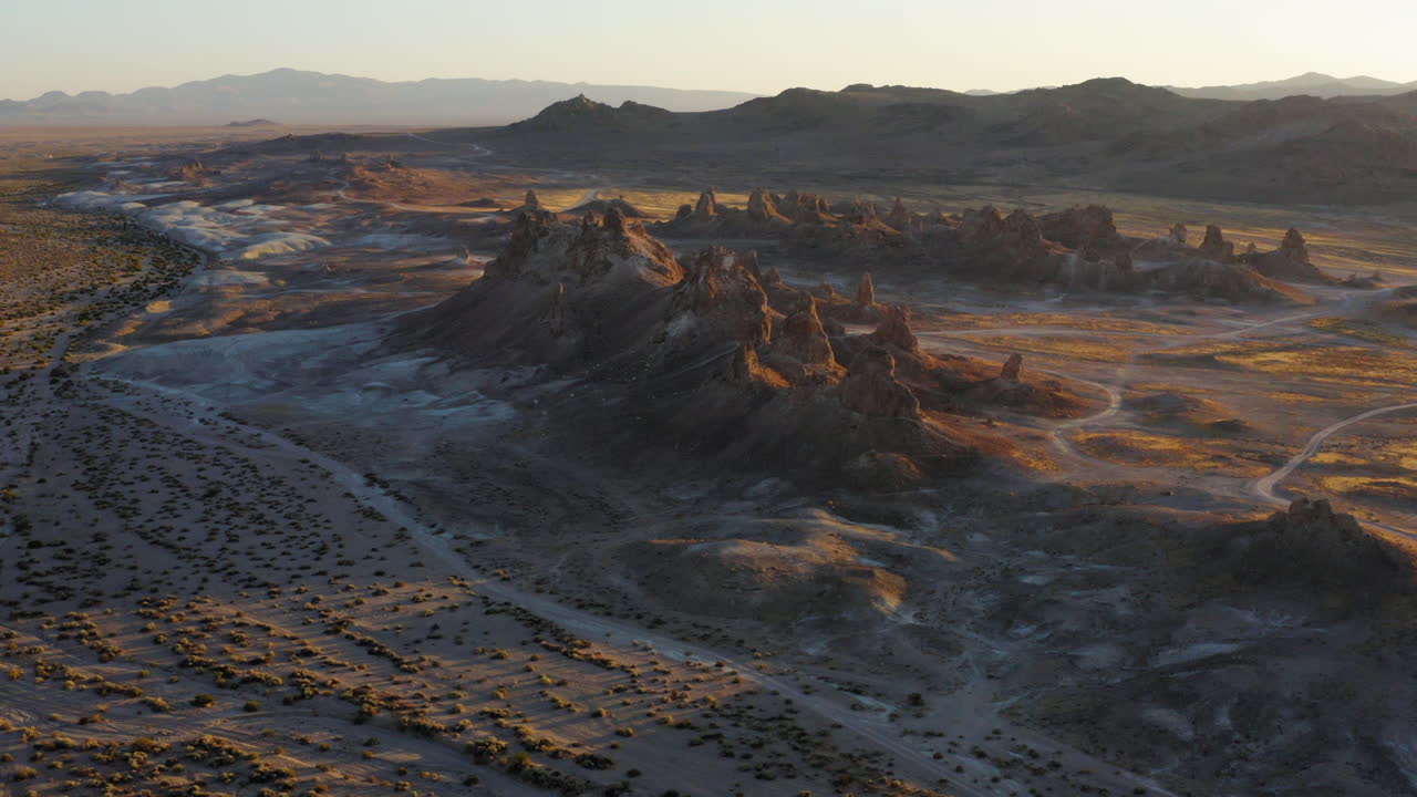 Trona Pinnacles California Landscape, Beautiful Sunset Aerial Establisher