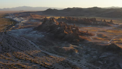 Trona-Pinnacles-California-Landscape,-Beautiful-Sunset-Aerial-Establisher