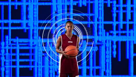 animation of scopes scanning and data processing with female basketball player