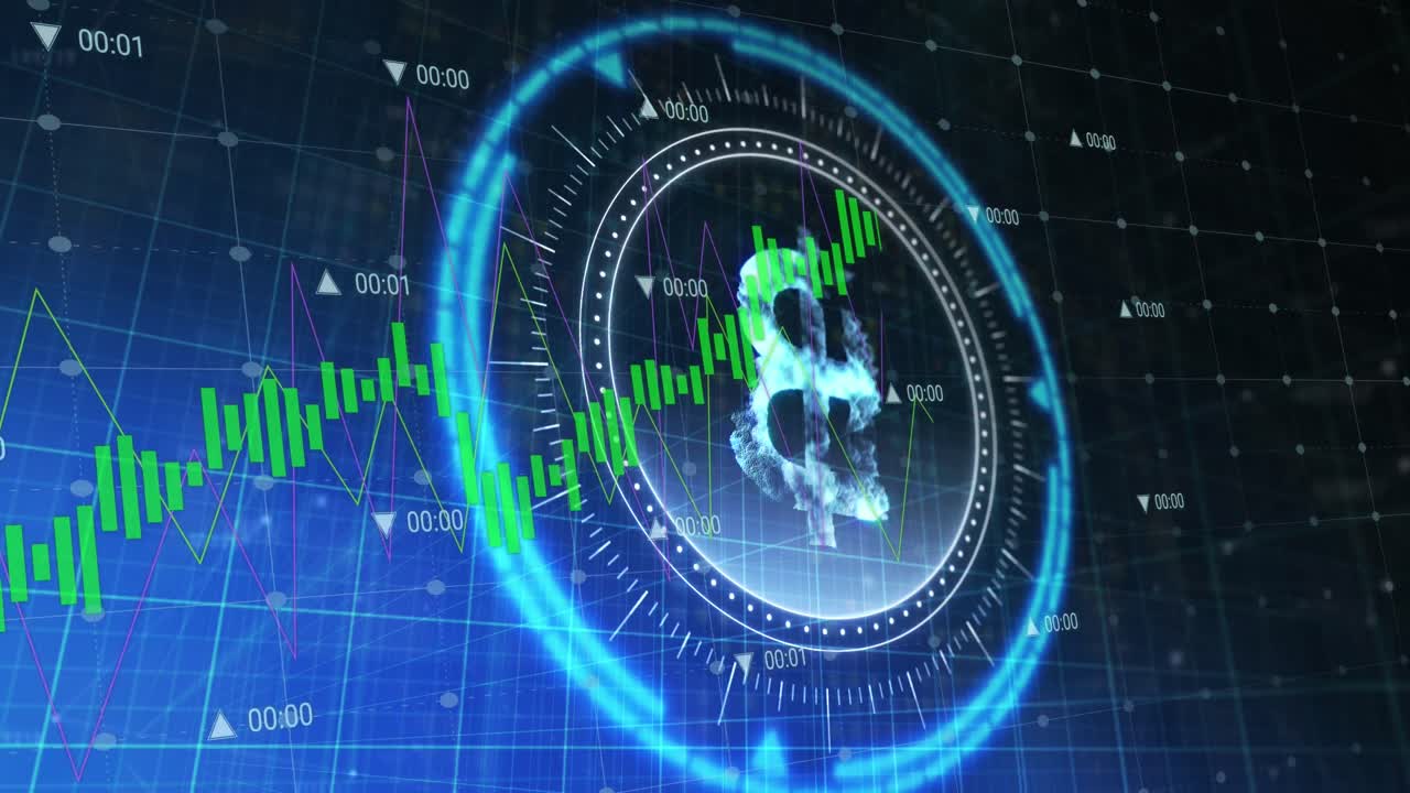 금융 데이터 처리에서 회전하는 안전 잠금에 비트코인 기호의 애니메이션