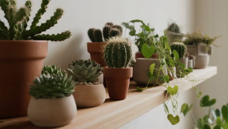 collection of potted cacti and succulents on a wooden shelf