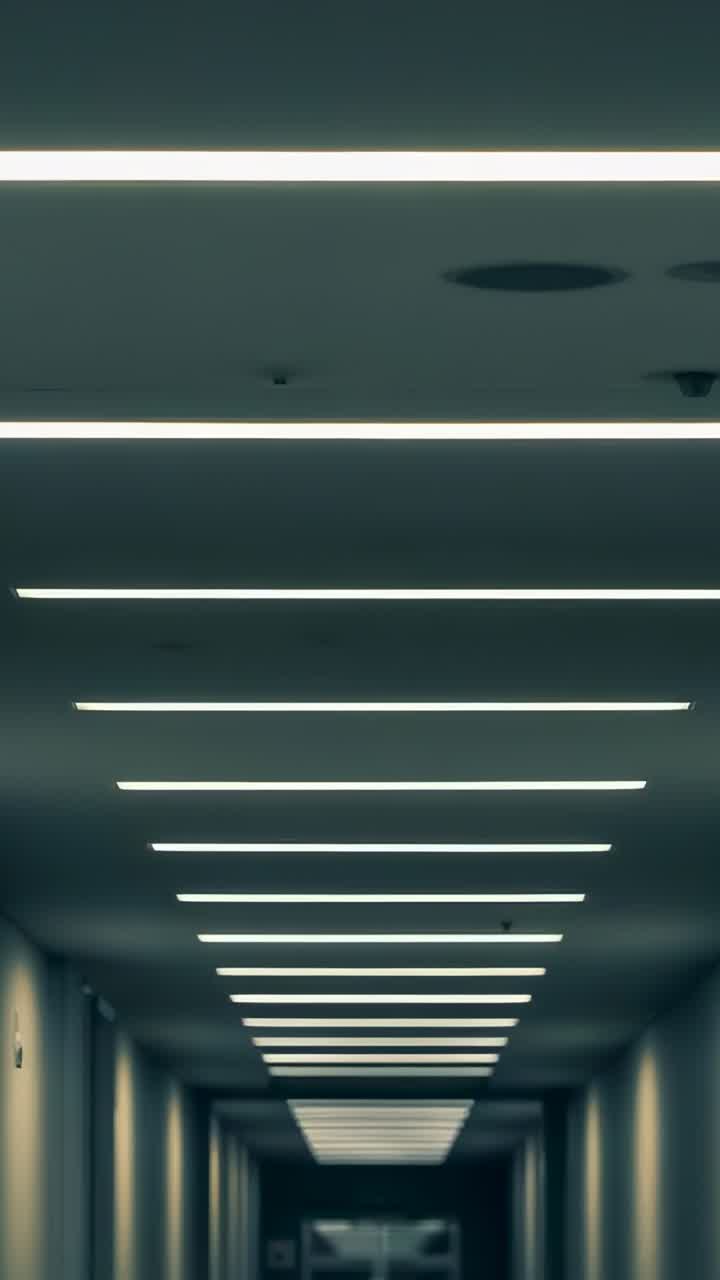 Vertical video: Moving camera showing long corridor drawing closer to doorway, with LED lights