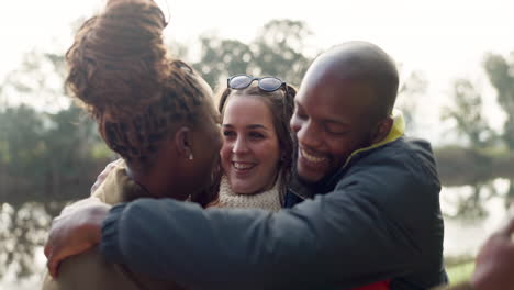 group, hug and friends for a cheek kiss