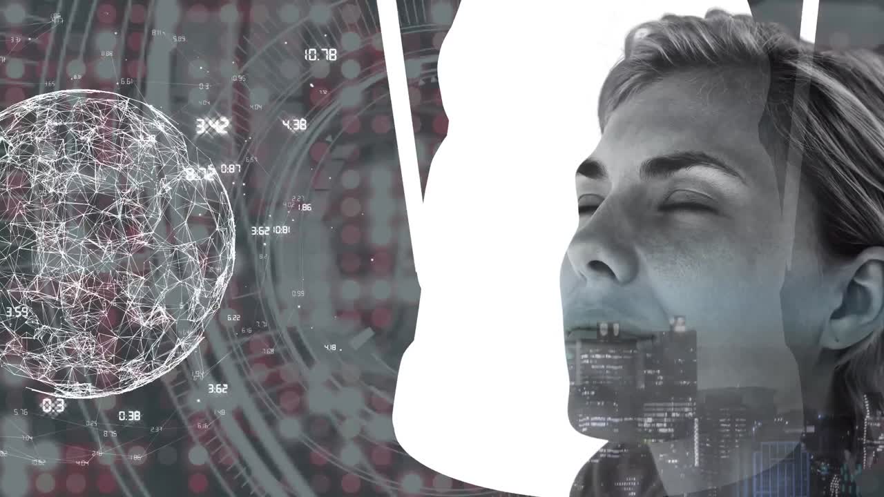 animación de globos con red de conexiones y paisaje urbano sobre rostro de mujer