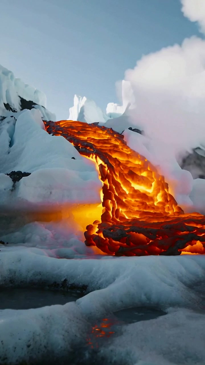 Vertical video: Pouring molten lava flowing from ridge onto glacier, moving by gravity