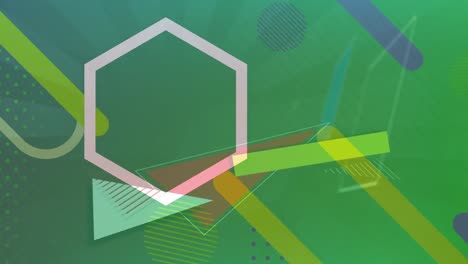 digital animation of hexagonal shape and abstract shapes moving against green gradient background