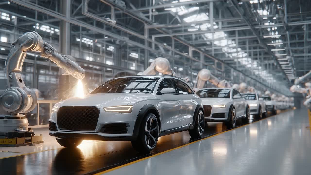 Automated Assembly Line Featuring Sleek Automotive Manufacturing with Robotic Arms Crafting Modern Vehicles in an Advanced Factory Environment