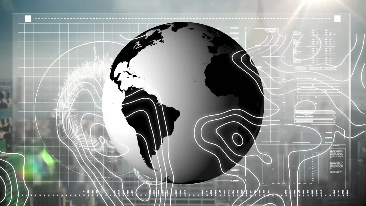 Animation of map lines and globe over data processing on screen