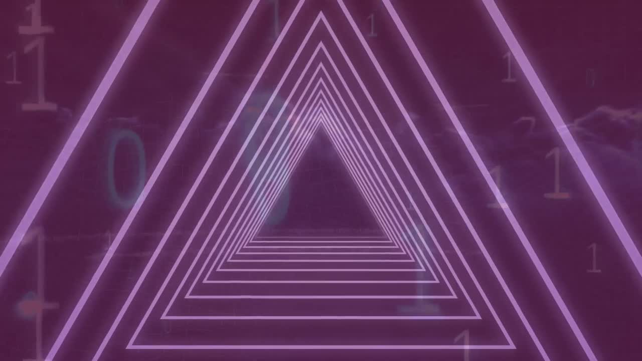 animación digital de un túnel hexagonal triangular de neón en un patrón sin costuras contra un fondo púrpura