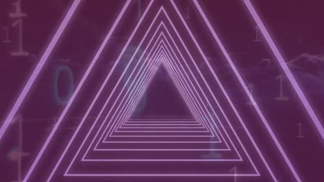 digital animation of neon triangular hexagonal tunnel in seamless pattern against purple background