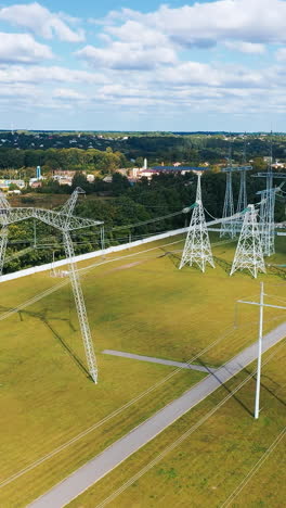 aerial view of electrical voltage wires. high voltage tower electricity station. vertical video