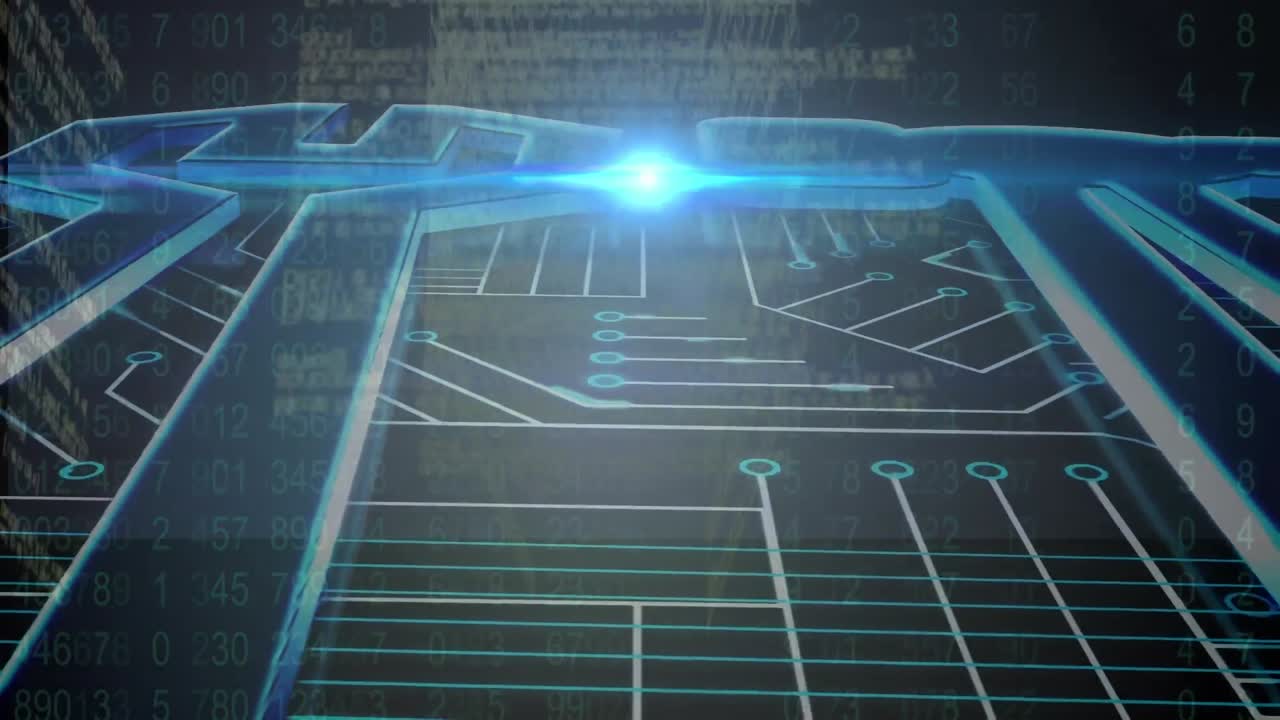 빛나는 컴퓨터 회로판 위의 데이터 처리 애니메이션