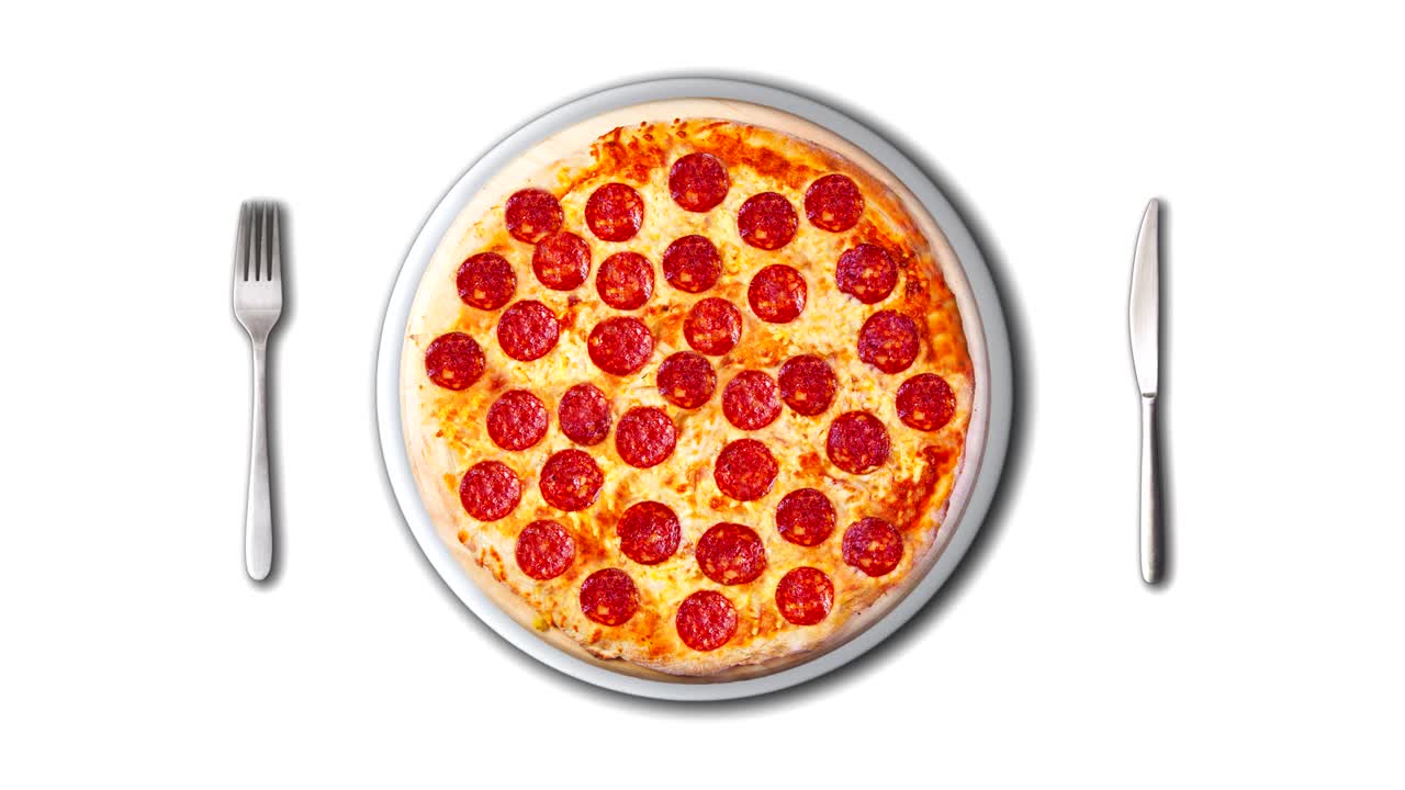 식탁 위에 칼, 접시 및 포크를 가진 피자의 비디오 - 이 그림은 레스토랑 메뉴를 디자인하는 데 완벽합니다. 내 페이지를 방문하십시오. 카페 또는 레스토랑에서 판매되는 모든 피자의 이미지를 찾을 수 있습니다.