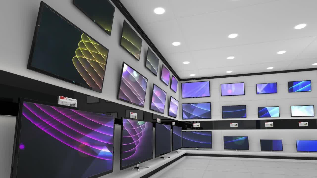 여러 텔레비전의 스크린에서 동기화 된 비디오를 재생 하는 전자 제품 상점의 내부