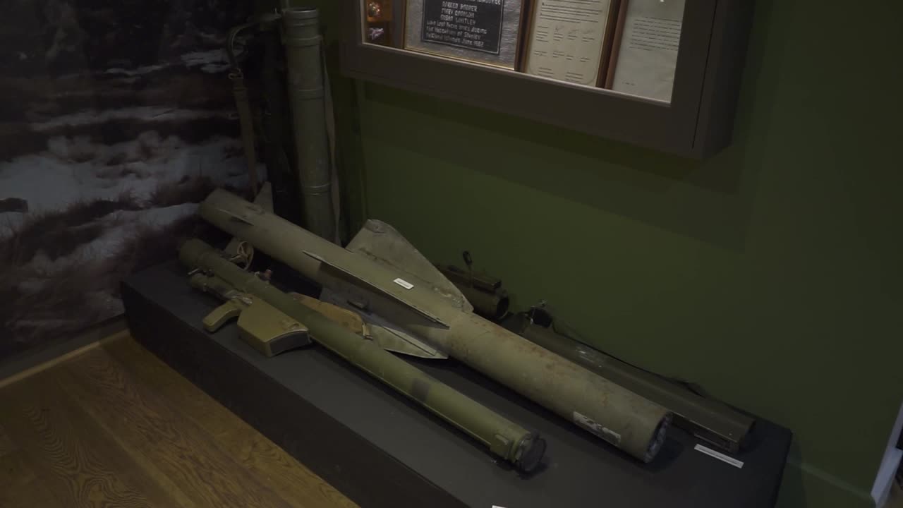Soviet military museum displaying vintage strela-2 manpads, preserving cold war era air defense technology and historical military heritage