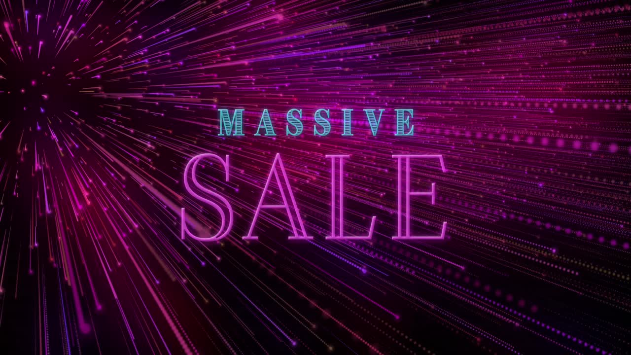 보라색 배경에 매 없는 패턴으로 빛의 흔적 위에 거대한 판매 텍스트 배너의 애니메이션