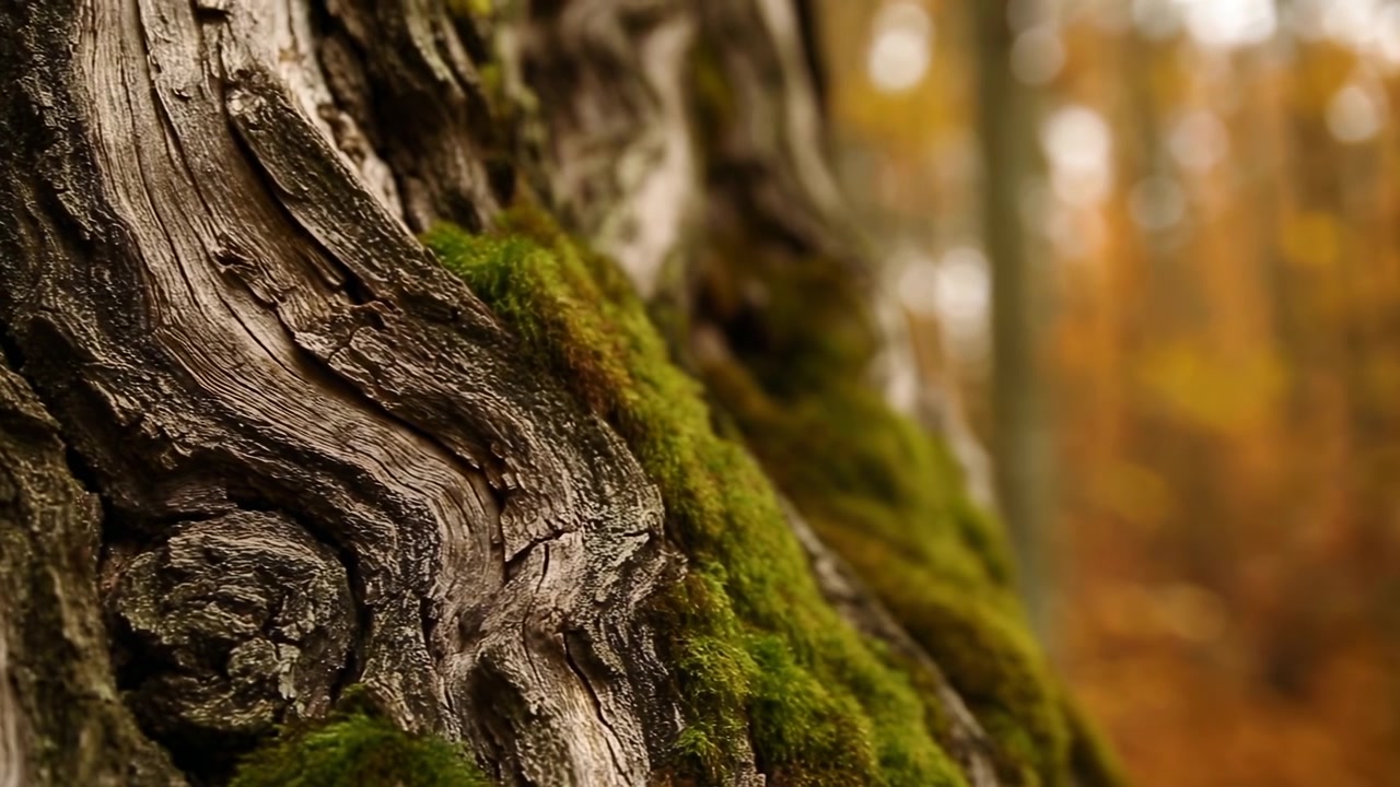 Moss Covered Tree Bark Closeup Autumn Forest Soft Bokeh Background, Rich Orange Tones, Weathered Trunk
