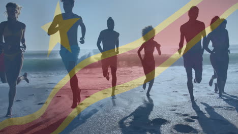 Corriendo-En-La-Playa,-Grupo-De-Personas-Sobre-La-Bandera-De-La-República-Democrática-Del-Congo