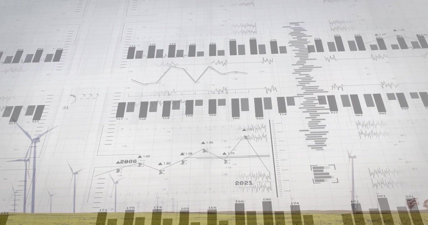 Wind Turbines in Field with Overlaid Financial Data Charts