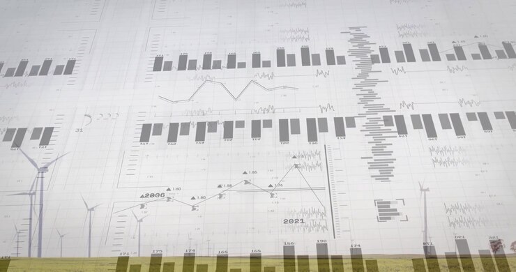 Wind Turbines in Field with Overlaid Financial Data Charts