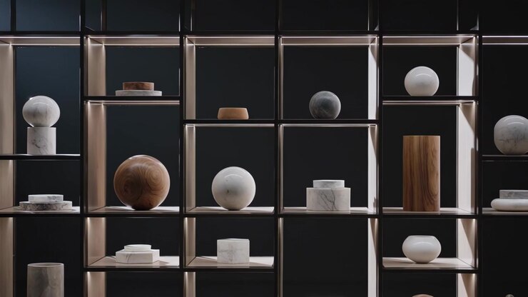 Panning camera revealing modular grid in studio, framing marble spheres and LEDs for display