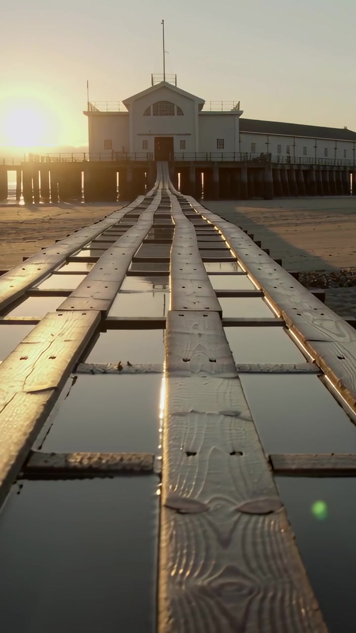 Video verticale: telecamera che si muove in avanti rivelando il passaggio che conduce al molo sulla riva